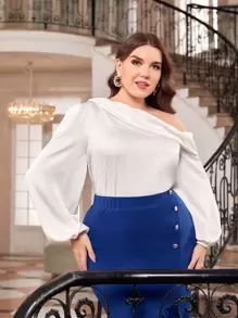Modelyn Plus Asymmetrical Neck Lantern Sleeve Satin Blouse - White - View 4