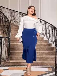 Modelyn Plus Asymmetrical Neck Lantern Sleeve Satin Blouse - White - View 5