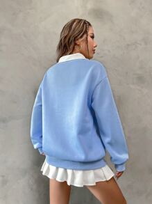 SHEIN Unity 马球领落肩字母图案套头衫，长袖上衣