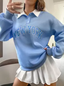 SHEIN Unity 马球领落肩字母图案套头衫，长袖上衣