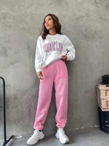 SHEIN Unity 字母圖案落肩袖衛衣和衛褲 - 淺粉色 - 查看 5