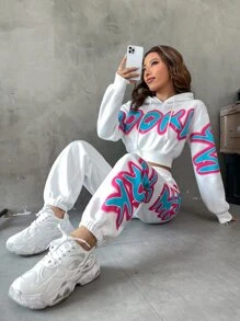 SHEIN Unity 字母圖案落肩袖連帽衫和運動褲 - 白色 - 查看 1