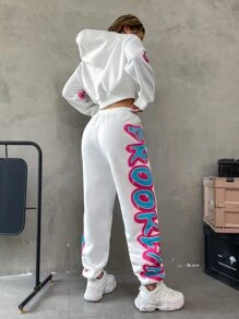 SHEIN Unity 字母圖案落肩袖連帽衫和運動褲 - 白色 - 查看 2