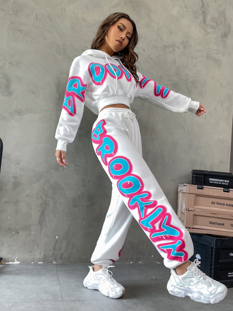 SHEIN Unity 字母圖案落肩袖連帽衫和運動褲 - 白色 - 查看 5