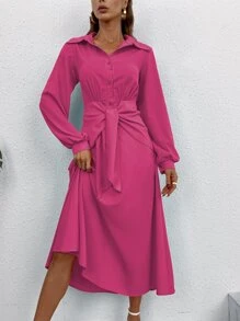 SHEIN Unity 素色前繫帶半排扣燈籠袖襯衫連衣裙 - 玫紅色 - 查看 1