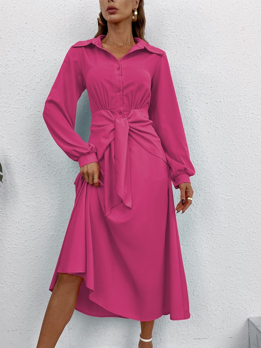 SHEIN Unity 素色前繫帶半排扣燈籠袖襯衫連衣裙 - 玫紅色 - 查看 1