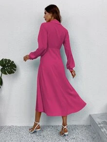 SHEIN Unity 素色前繫帶半排扣燈籠袖襯衫連衣裙 - 玫紅色 - 查看 2