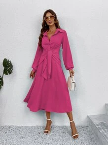 SHEIN Unity 素色前繫帶半排扣燈籠袖襯衫連衣裙 - 玫紅色 - 查看 3