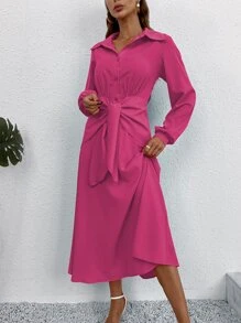 SHEIN Unity 素色前繫帶半排扣燈籠袖襯衫連衣裙 - 玫紅色 - 查看 4