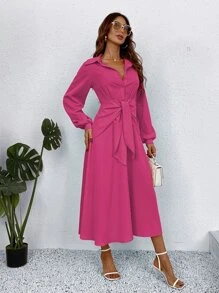 SHEIN Unity 素色前繫帶半排扣燈籠袖襯衫連衣裙 - 玫紅色 - 查看 5