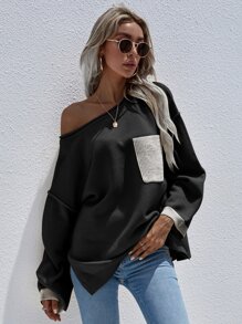SHEIN LUNE Colorblock Pocket Front Drop Shoulder Sweater - Black - View 1