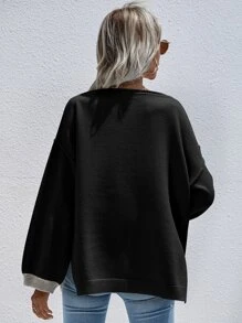 SHEIN LUNE Colorblock Pocket Front Drop Shoulder Sweater - Black - View 2