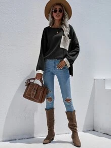 SHEIN LUNE Colorblock Pocket Front Drop Shoulder Sweater - Black - View 3