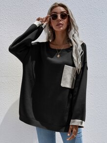 SHEIN LUNE Colorblock Pocket Front Drop Shoulder Sweater - Black - View 4