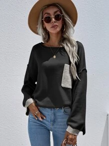 SHEIN LUNE Colorblock Pocket Front Drop Shoulder Sweater - Black - View 5