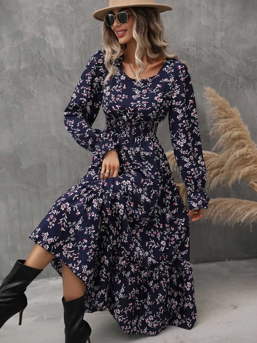 SHEIN Clasi Allover Floral Print Flounce Sleeve Ruffle Hem Dress - Navy Blue - View 1