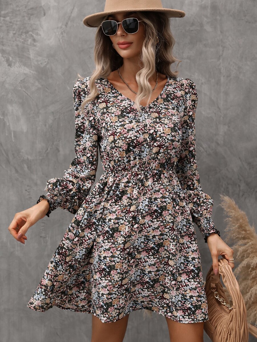 SHEIN LUNE Allover Floral Print A-line Dress - Multicolor - View 1