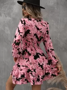 EMERY ROSE Vestido con estampado floral de manga farol bajo con fruncido - Rosa - Ver 2