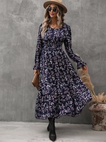 SHEIN Clasi Allover Floral Print Flounce Sleeve Ruffle Hem Dress - Navy Blue - View 3