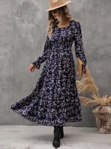 SHEIN Clasi Allover Floral Print Flounce Sleeve Ruffle Hem Dress - Navy Blue - View 4