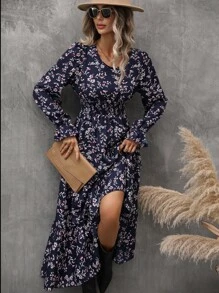 SHEIN Clasi Allover Floral Print Flounce Sleeve Ruffle Hem Dress - Navy Blue - View 5