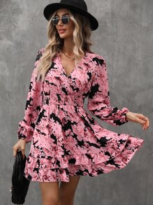 EMERY ROSE Vestido con estampado floral de manga farol bajo con fruncido - Rosa - Ver 5