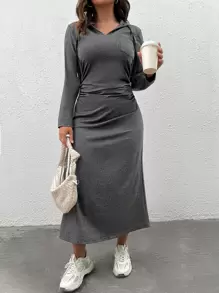 Mulvari Plus Solid Drawstring Hooded Dress Pullover Fall Outfit - Dark Grey - View 1