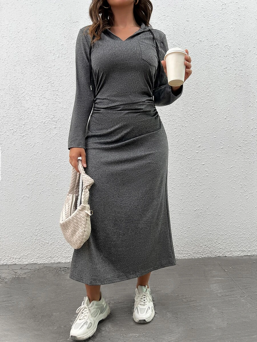 Mulvari Plus Solid Drawstring Hooded Dress Pullover Fall Outfit - Dark Grey - View 1