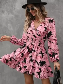 EMERY ROSE Vestido con estampado floral de manga farol bajo con fruncido - Rosa - Ver 6