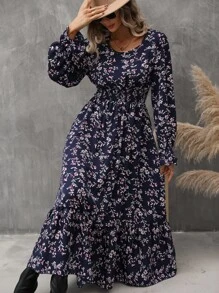 SHEIN Clasi Allover Floral Print Flounce Sleeve Ruffle Hem Dress - Navy Blue - View 6