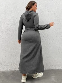 Mulvari Plus Solid Drawstring Hooded Dress Pullover Fall Outfit - Dark Grey - View 2