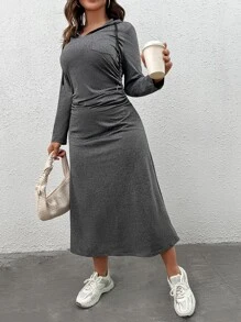 Mulvari Plus Solid Drawstring Hooded Dress Pullover Fall Outfit - Dark Grey - View 3