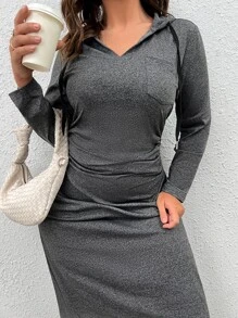 Mulvari Plus Solid Drawstring Hooded Dress Pullover Fall Outfit - Dark Grey - View 5