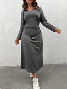 Mulvari Plus Solid Drawstring Hooded Dress Pullover Fall Outfit - Dark Grey - View 6
