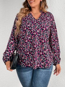 SHEIN LUNE 大碼小碎花燈籠袖襯衫