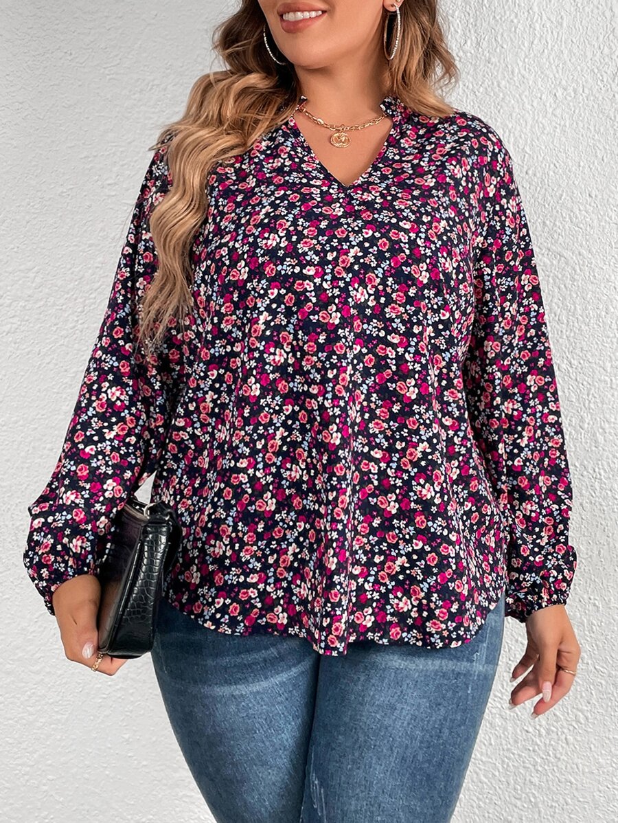 SHEIN LUNE 大碼小碎花燈籠袖襯衫