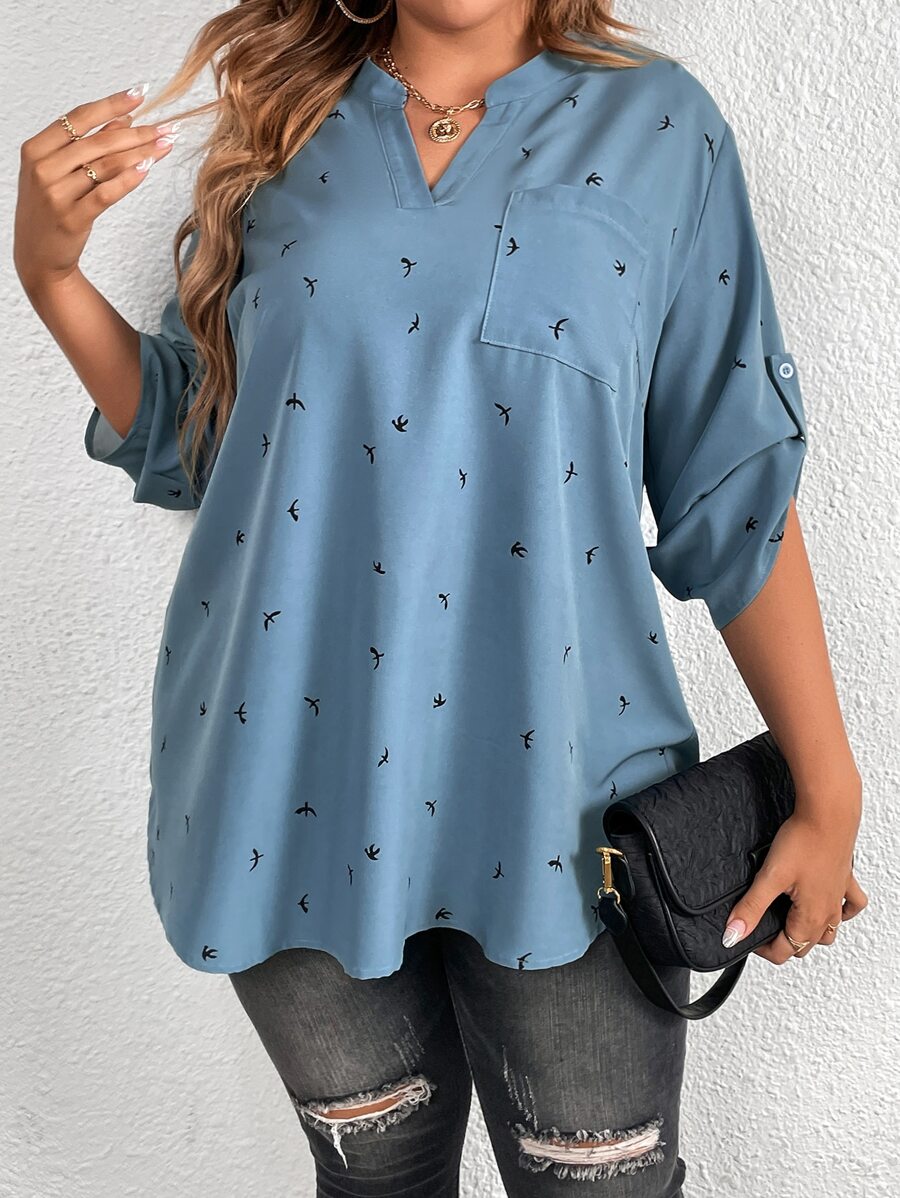 SHEIN LUNE Plus Graphic Print Roll Tab Sleeve High Low Hem Blouse - Dusty Blue - View 1