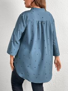 SHEIN LUNE Plus Graphic Print Roll Tab Sleeve High Low Hem Blouse - Dusty Blue - View 2