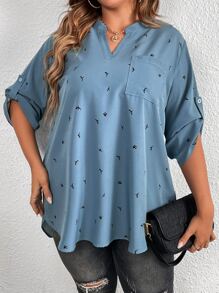 SHEIN LUNE Plus Graphic Print Roll Tab Sleeve High Low Hem Blouse - Dusty Blue - View 3