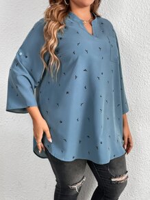 SHEIN LUNE Plus Graphic Print Roll Tab Sleeve High Low Hem Blouse - Dusty Blue - View 4