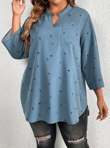 SHEIN LUNE Plus Graphic Print Roll Tab Sleeve High Low Hem Blouse - Dusty Blue - View 5