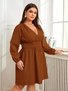 SHEIN Clasi Vestido de cuello cruzado de manga farol - Marrón - Ver 4