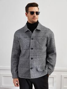 Manfinity NiteLyfe Men Plaid Print Pocket Patched Coat - Black and White - View 4