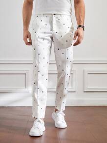 GENTILAND Men Graphic Print Straight Leg Trousers - White - View 1