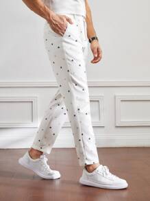 GENTILAND Men Graphic Print Straight Leg Trousers - White - View 5