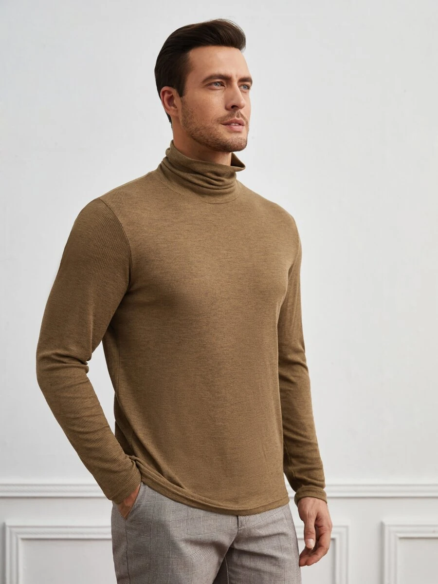 Manfinity Men Solid Turtleneck Tee - Mocha Brown - View 1