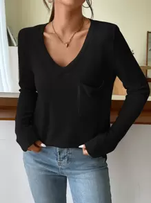 SHEIN LUNE Áo thun nữ Đắp vá Túi màu trơn Giải trí - màu đen - Xem 1