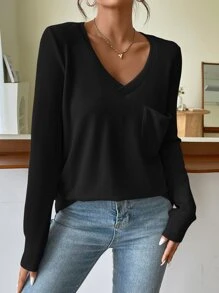 SHEIN LUNE Áo thun nữ Đắp vá Túi màu trơn Giải trí - màu đen - Xem 3