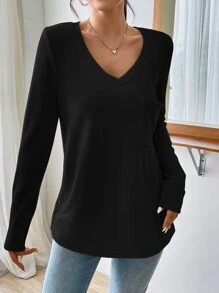 SHEIN LUNE Áo thun nữ Đắp vá Túi màu trơn Giải trí - màu đen - Xem 4