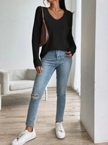 SHEIN LUNE Áo thun nữ Đắp vá Túi màu trơn Giải trí - màu đen - Xem 5